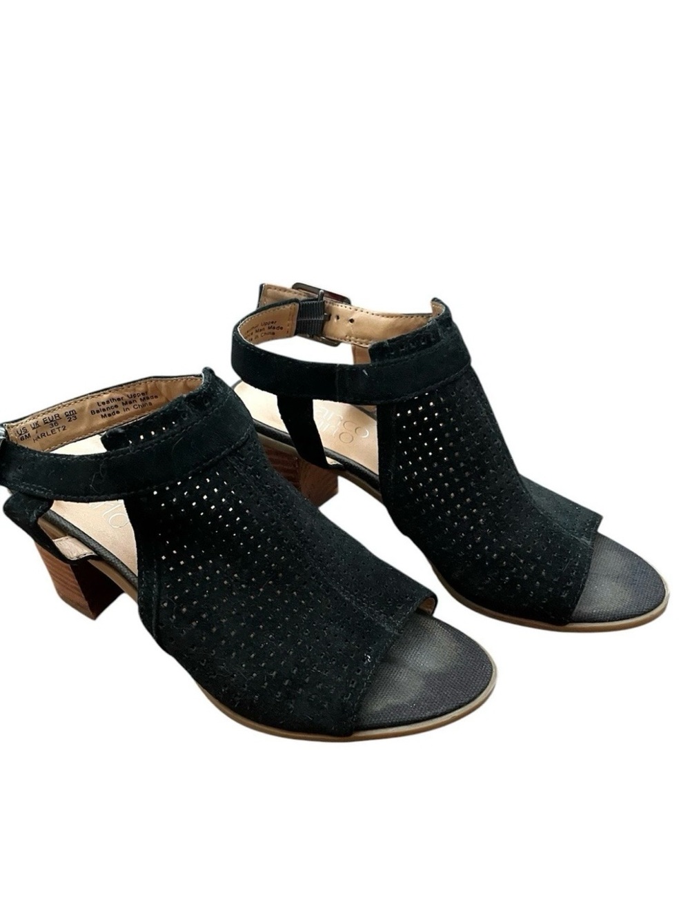 Women’s Black Suede Perforated Leather Block Heel Sandals Slingback Sz 6